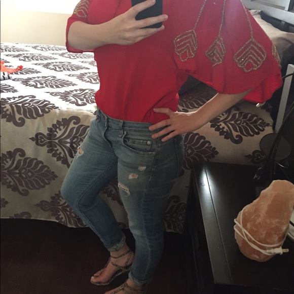 Red formal Blouse with gold beading size M - Picture 4 of 5