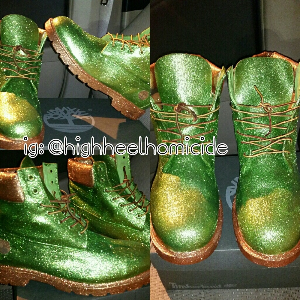 Custom gold and green timberlands