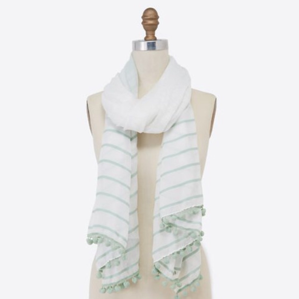 Ann Taylor Teal Variegated Pom Pom Scarf