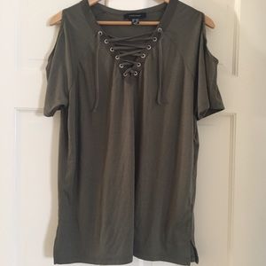 Atmosphere Olive green lace up cold shoulder top