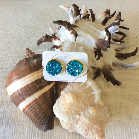 Simple Sanctuary Jewelry - Teal Round Gold Druzy Earrings