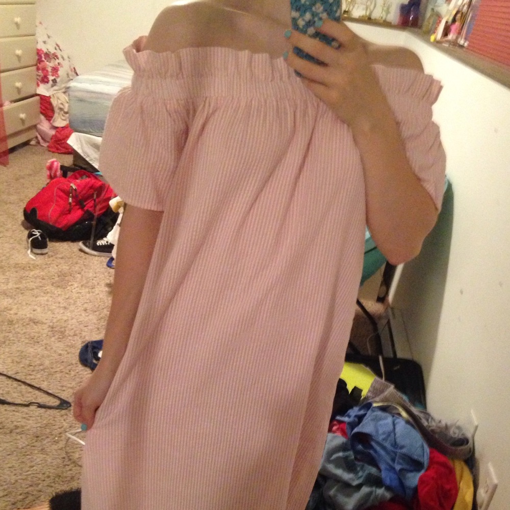 Pink and white-striped off the shoulder dress