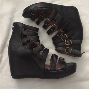 Black Leather Buckle Strap up wedges