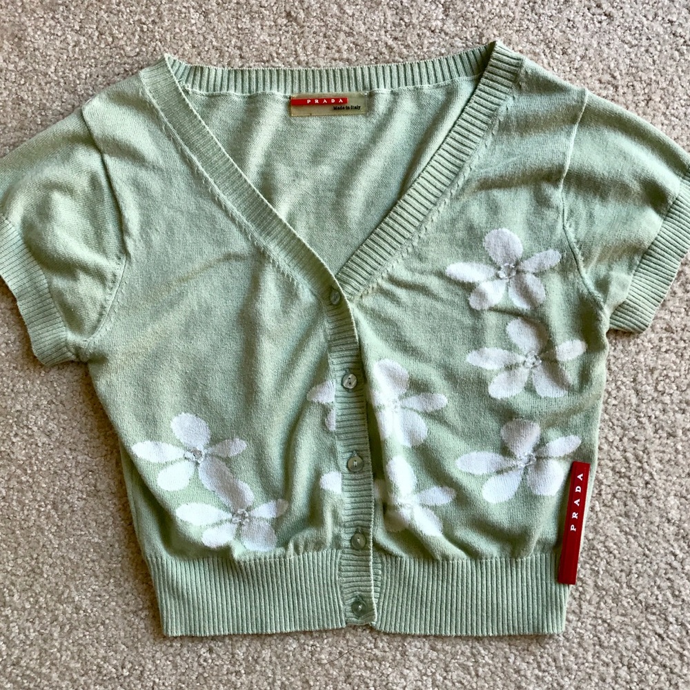 auth PRADA Sage & White Floral Bolero Sweater Sz M