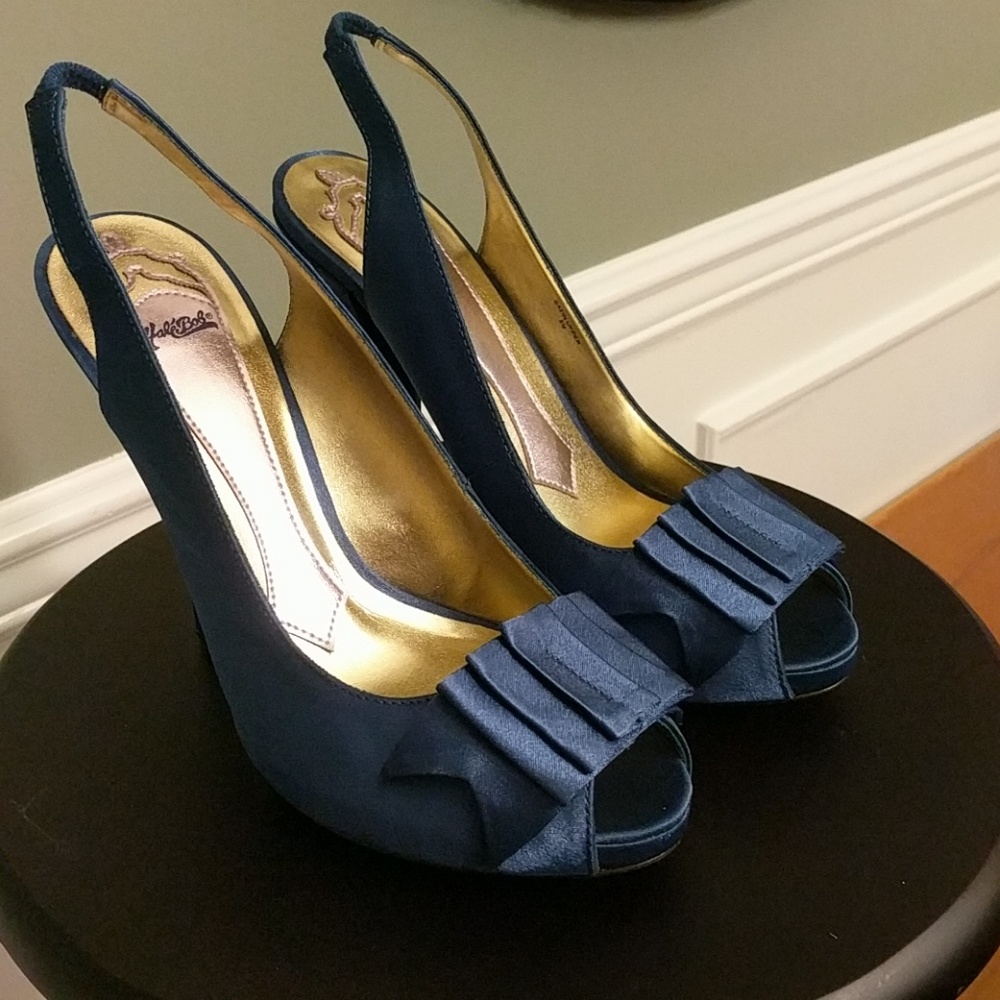 Hale Bob Money Slate Blue Satin Sling Back NWT