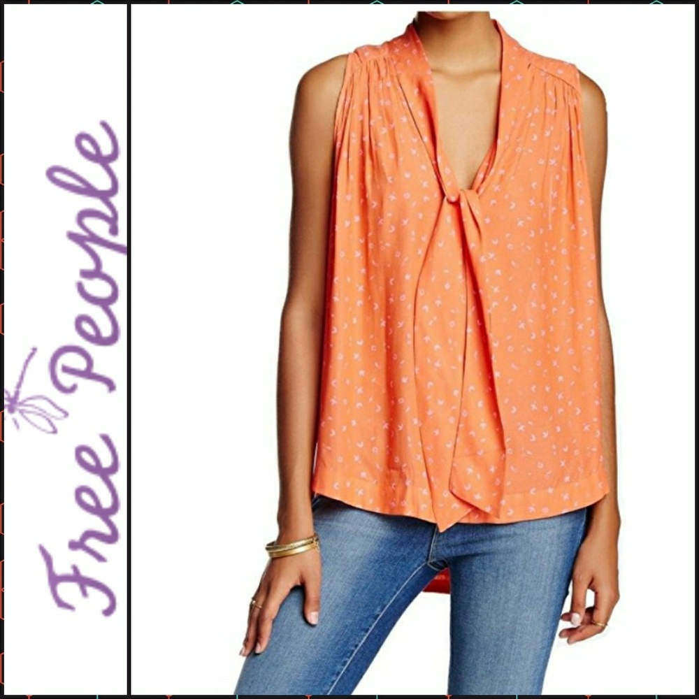 FREE PEOPLE Sleeveless Blouse Orange Coral Tie Neck