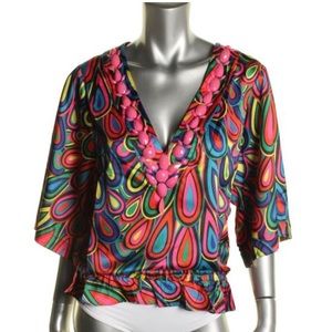 Rachel Lym Colorful Print Satin Swim CoverUp Top S