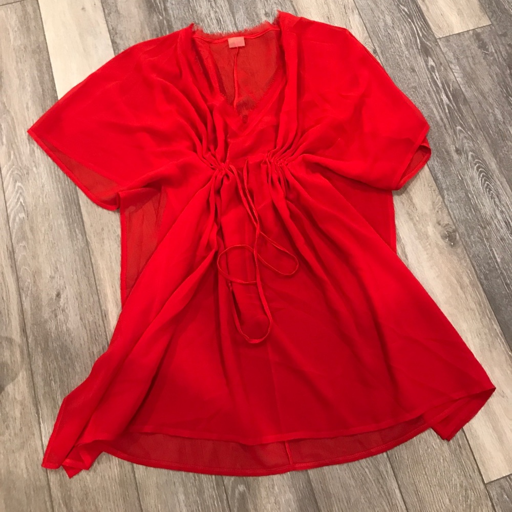 Echo red draw sting kimono bathing suit cover up