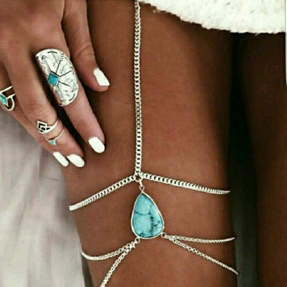 Sterling Silver Water Drop Turquoise Leg Chain - Picture 2 of 7