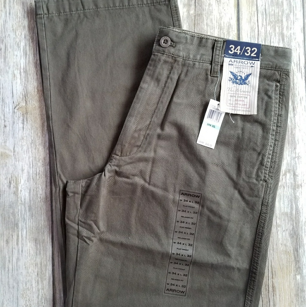 MENS NWT Arrow Relaxed Olive Flat Front Pants 34W