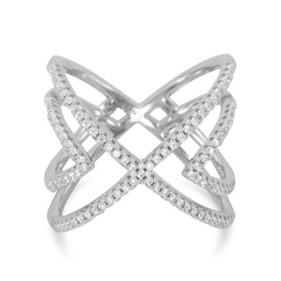 lmkdeals Jewelry - RHODIUM PLATED CZ CUT OUT "X" DESIGN RING