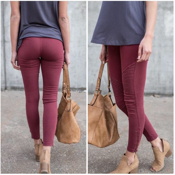 Burgundy Moto Jeggings - Picture 2 of 5