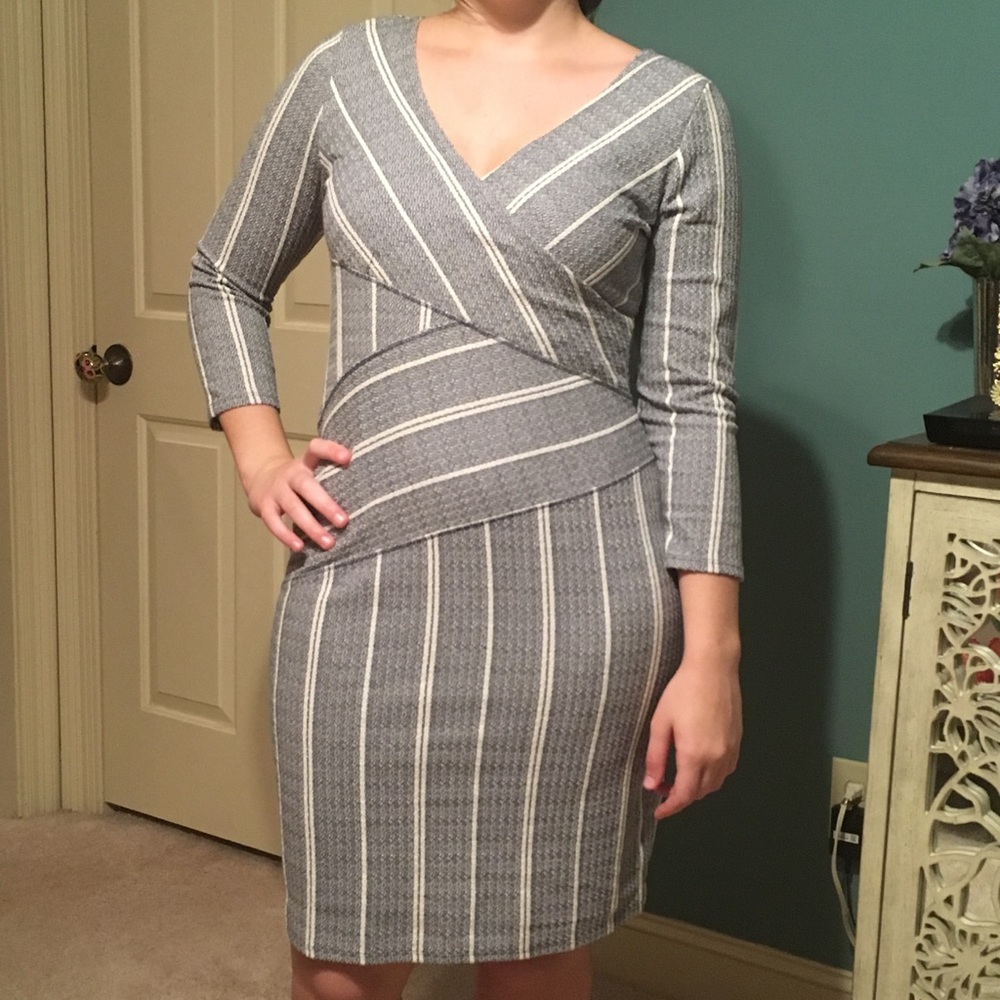 Anthropologie grey/blue/cream body con dress.