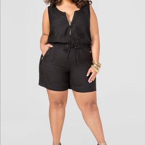 Black Front Zip Romper with Gold Accents