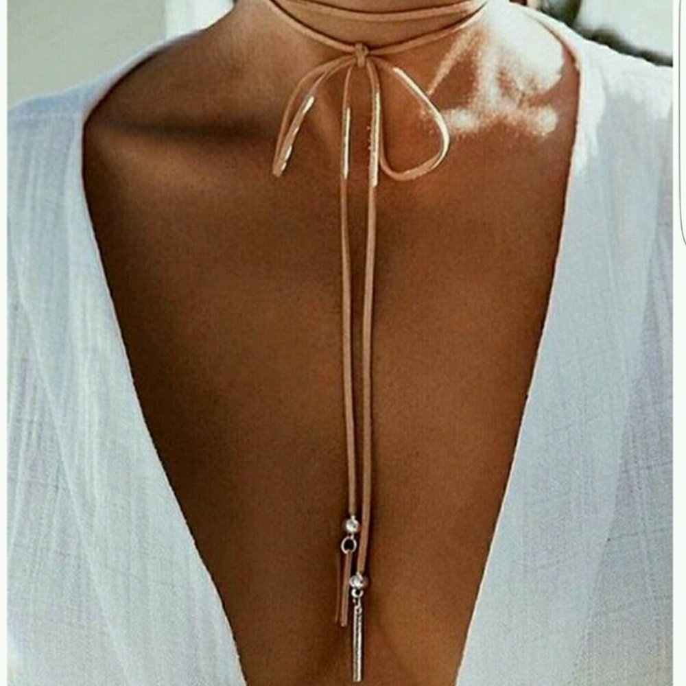 Long Brown Velvet Choker Necklace W/ Pendant!