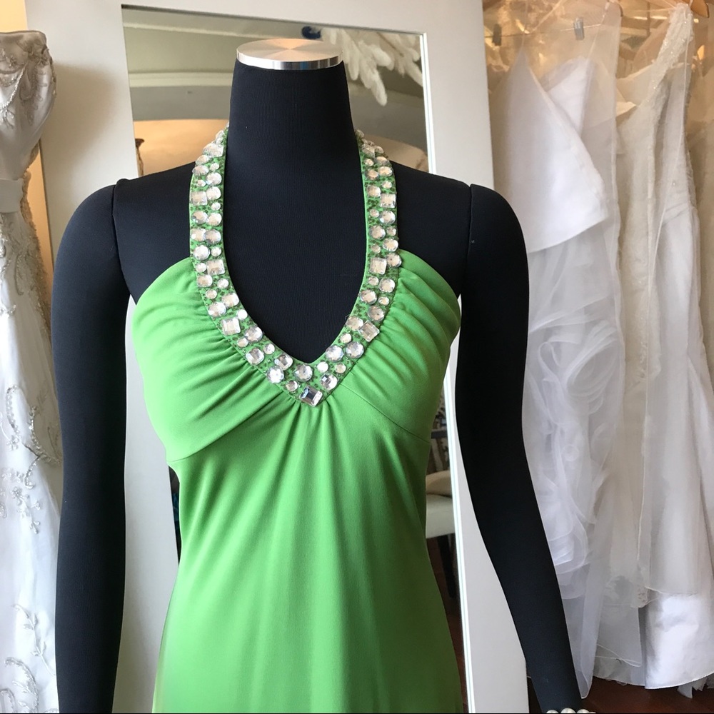 Halter Neck Satin Sleeveless Graceful Prom Dress With Slit Dark Green