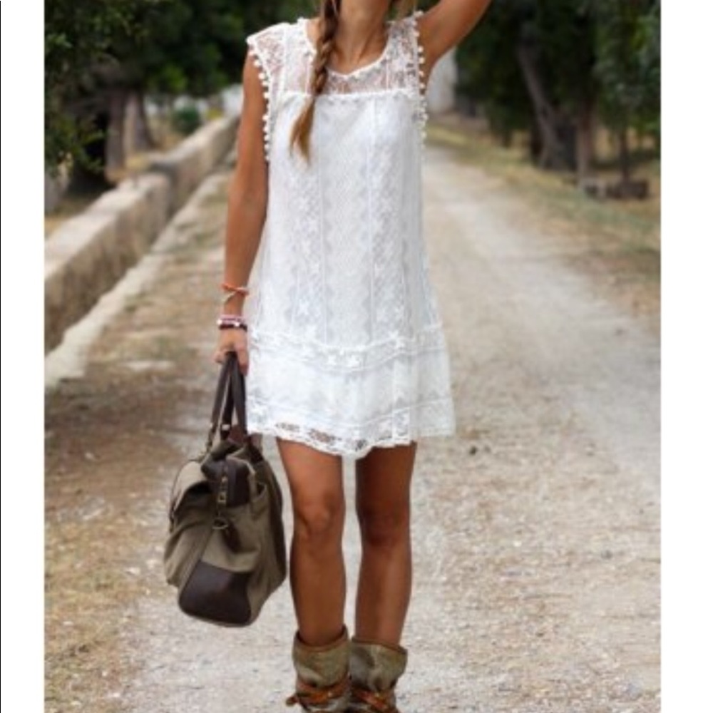 White Pom Pom and Lace Mini Dress