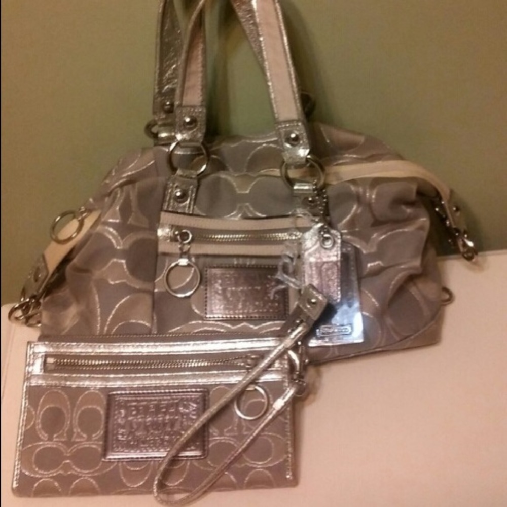 Coach poppy silver lurex satchel set
