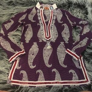 Tory Burch Long Sleeve Tunic Purple Paisley Print