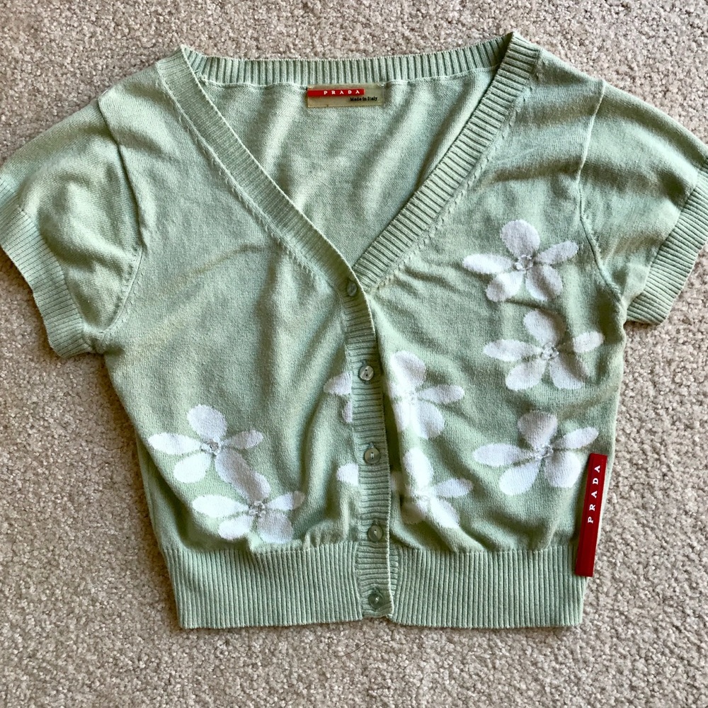 🌿PRADA Sage & White Floral Bolero Sweater Sz M