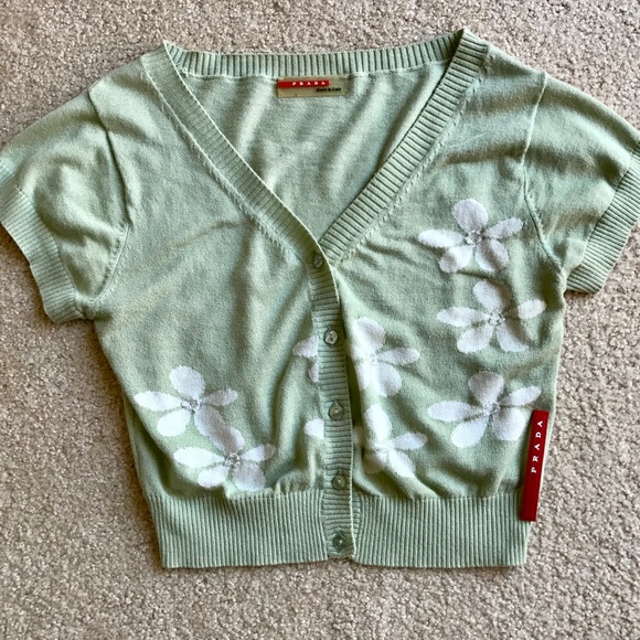 🌿PRADA Sage & White Floral Bolero Sweater Sz M - Picture 1 of 5