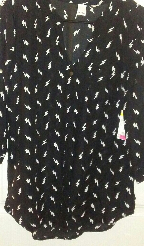 Black sheer blouse with white lightening bolts