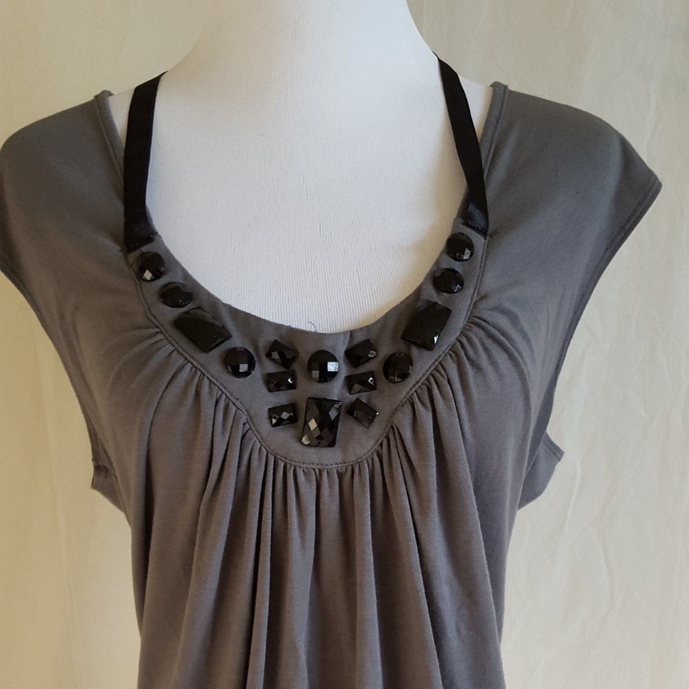 Sleeveless top, black jeweled neckline