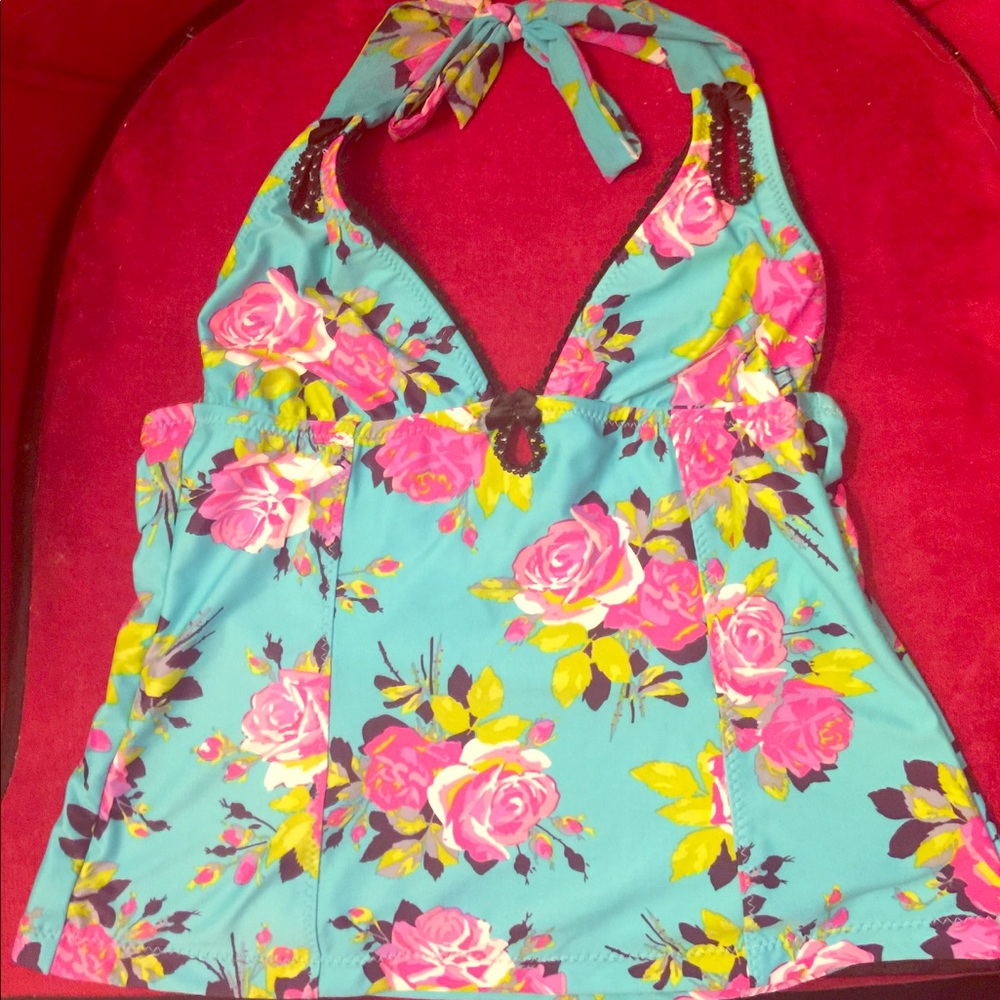 Betsey Johnson Pink Rose Halter Tankini Top Sz. M