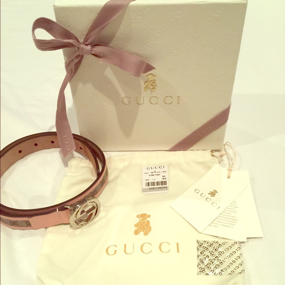 TWO GUCCI KIDS BELT PINK MONOGRAM AND RED AUTH