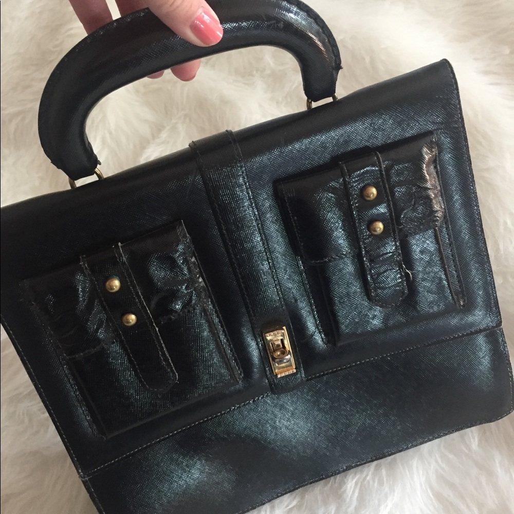 Large vintage black leather top handle satchel