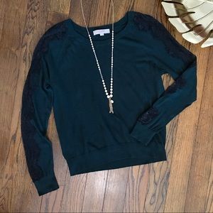 LOFT Dark Green & Black Lace Sleeve Sweater