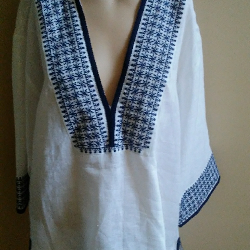 Tory Burch White/Blue Linen Blouse