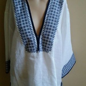 Tory Burch White/Blue Linen Blouse