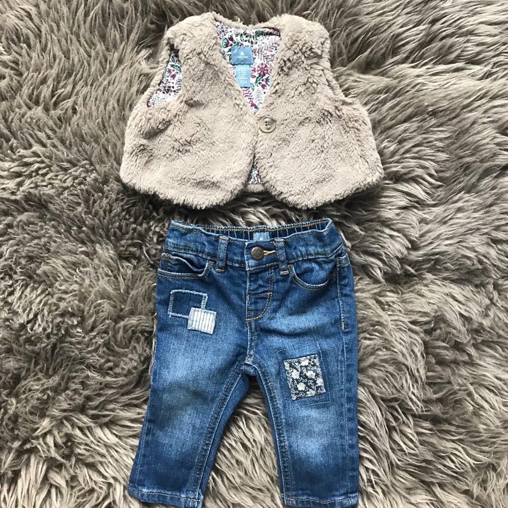 Fur vest and vintage jeans with patches