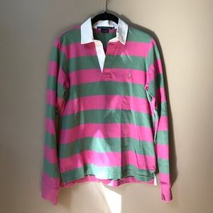 Pink and green striped polo