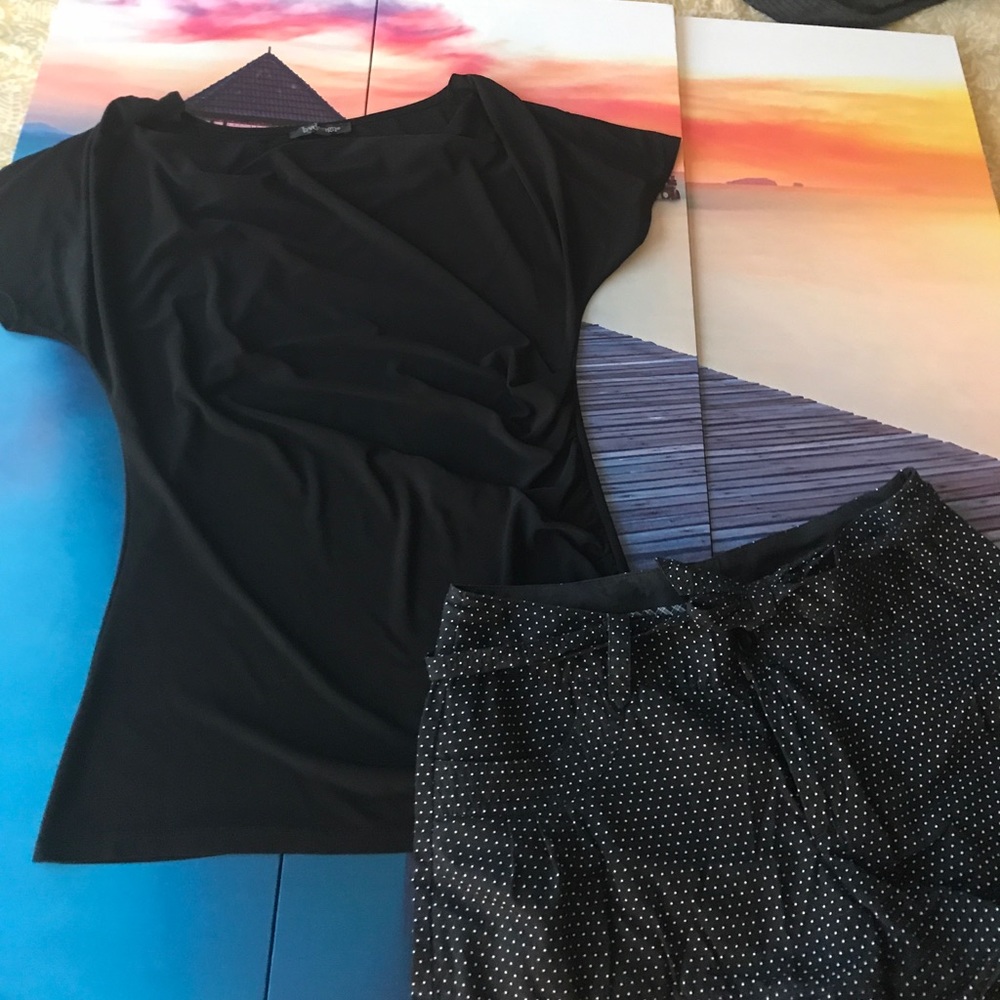 Black fitted waist top and polka dot tie shorts