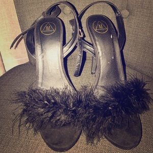 Black furry suede strappy heels