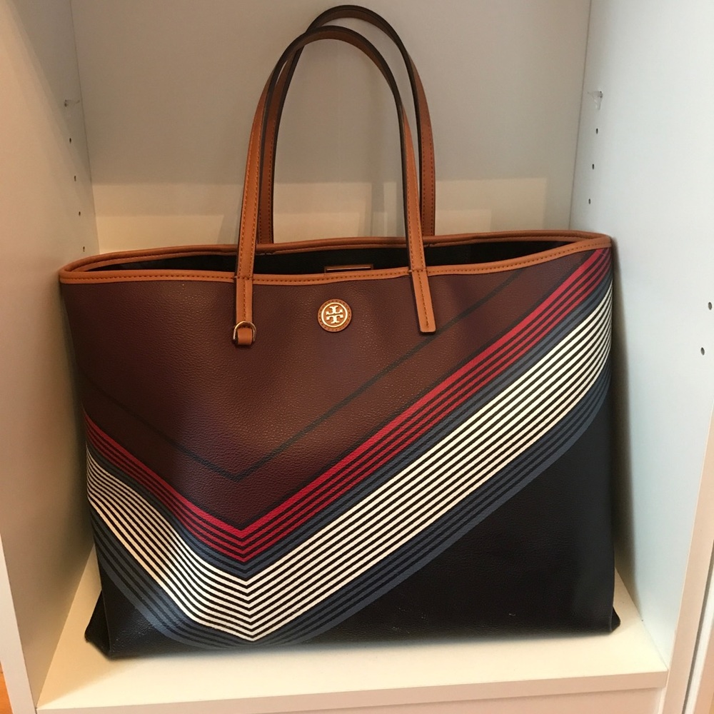 Tory Burch Navy/Maroon/White Striped Tote Bag