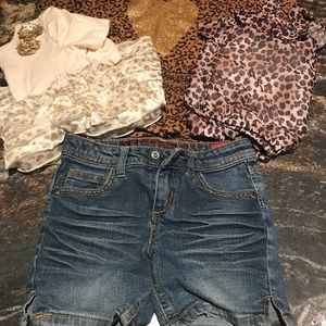 Girls leopard tops and jean shirts size 5-6