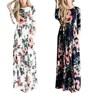 Long sleeve floral dress in navy. Wear all year!