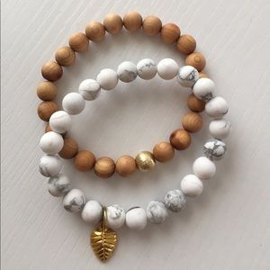 2 - bracelets 8mm bead wooden & white/grey marble