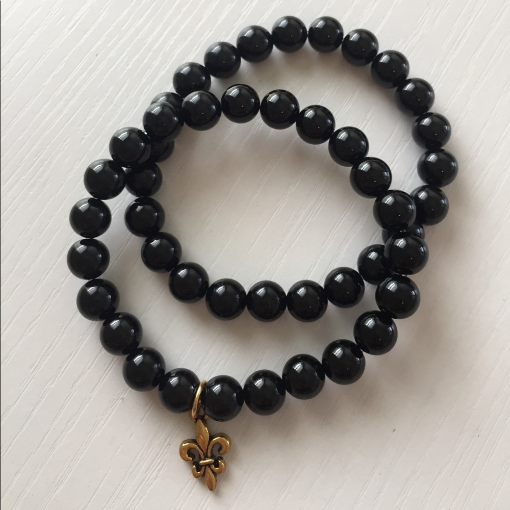 2 - black onxy 8mm bead bracelets w fleur dis lis