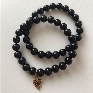 2 - black onxy 8mm bead bracelets w fleur dis lis