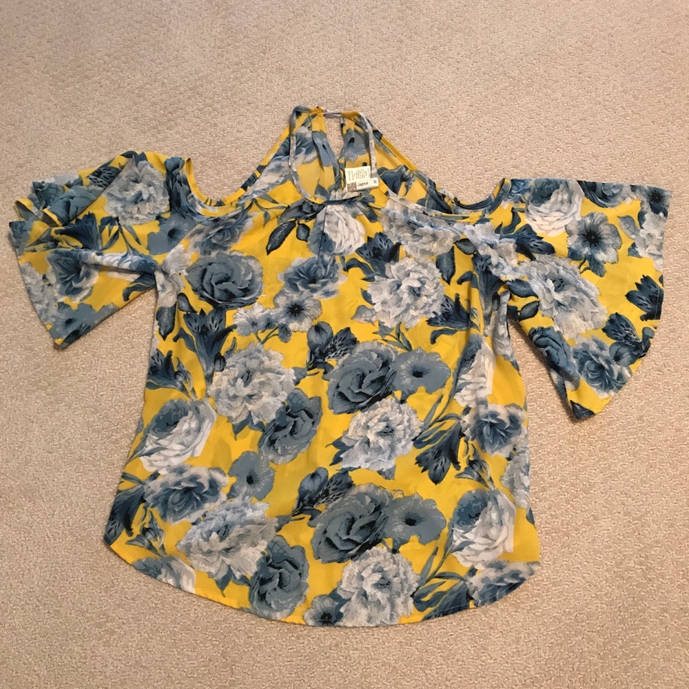 Yellow cold shoulder, high neck blouse