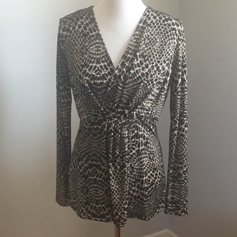 Kenneth Cole long sleeve snake print wrap top.