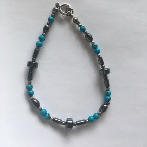Blue Turquoise, Hematite and Silver Bracelet