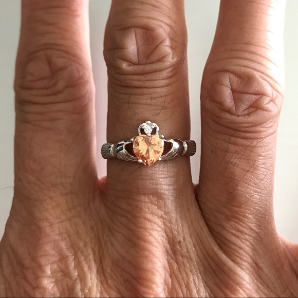 Sterling Silver Claddagh Champagne CZ Ring, Heart Rings, Silver Irish Ring - Picture 1 of 5