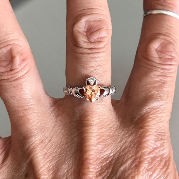 Sterling Silver Claddagh Champagne CZ Ring, Heart Rings, Silver Irish Ring - Picture 4 of 5