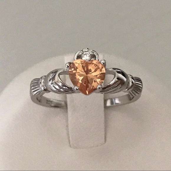 Sterling Silver Claddagh Champagne CZ Ring, Heart Rings, Silver Irish Ring - Picture 2 of 5