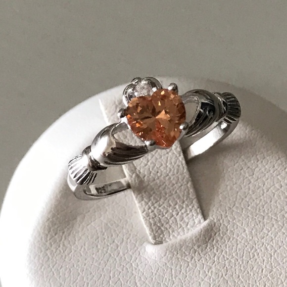 Sterling Silver Claddagh Champagne CZ Ring, Heart Rings, Silver Irish Ring - Picture 5 of 5